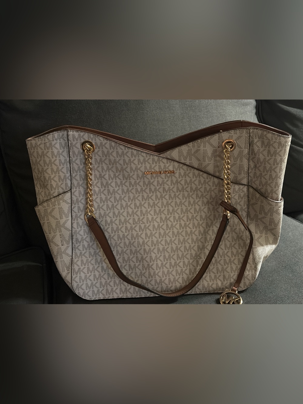 Michael Kors Beige Monogram Tote with Brown Trim and Gold Hardware